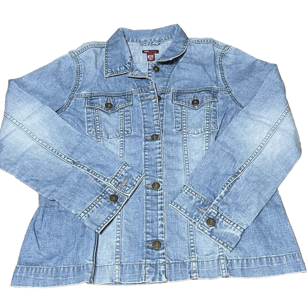 H&M Women's Blue Denim Jacket Y2K Fitted Trucker Light Wash - Size 16